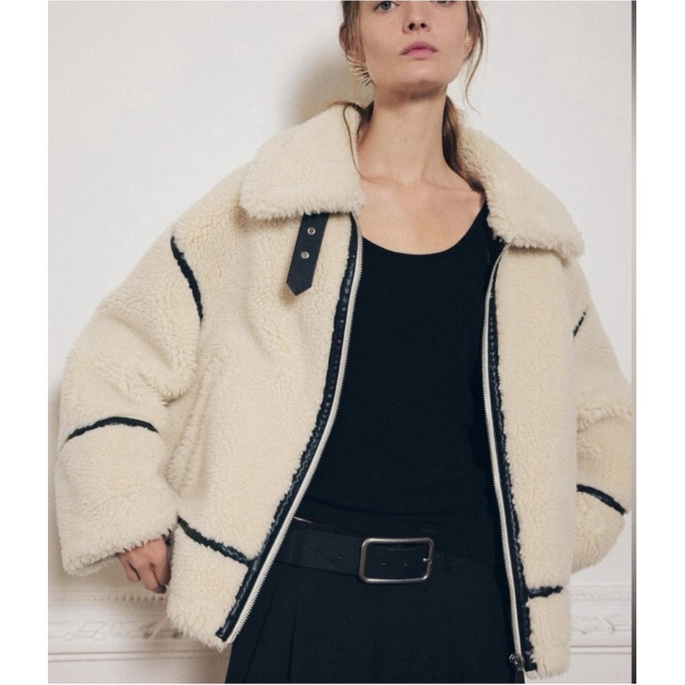 Zara Cream Faux Shearling Ski Jacket with Black Trim